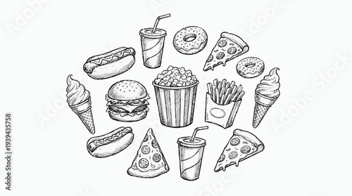 Hand drawn sketch illustration of fast food variety including burger pizza fries popcorn hot dog and donuts on white background, concept for restaurant menu design, advertisement and marketing