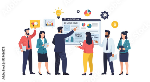 Business team discussing Q3 launch plan with market analysis and budget projections