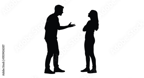 A couple engaged in conversation depicted in stark black silhouette