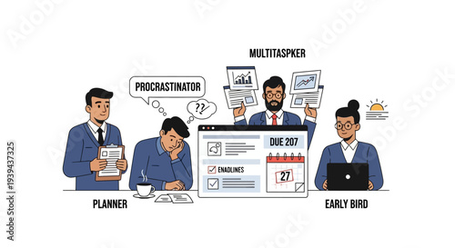 Four people representing different work styles at office desk with deadlines