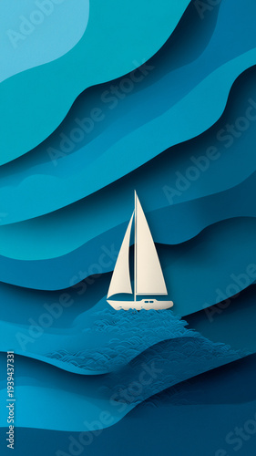 Minimal Paper Cut Ocean Waves with Sailboat Illustration