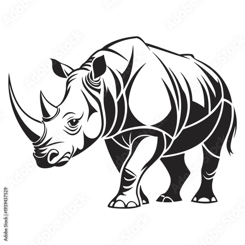 Majestic black rhino in dynamic pose with sharp horn