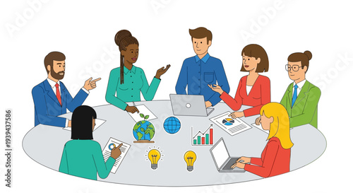 Diverse team collaborating on sustainable business strategies in modern meeting