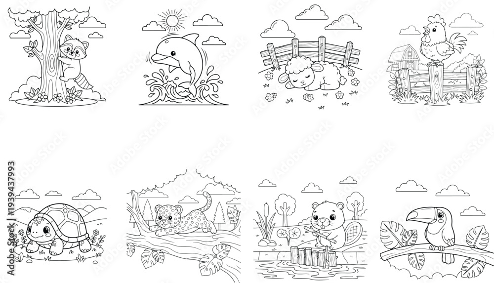 Obraz premium Cute raccoon peeking from behind a tree coloring page