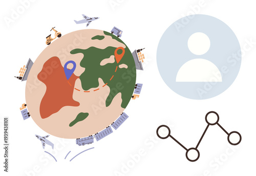 Global trade, logistics management, technology networks, user connectivity, supply chain data, shipping. Illustrated earth with transport symbols and user profile. Logistics and technology networks