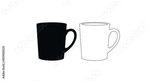 Contrasting coffee mugs one solid black and one outlined silhouette
