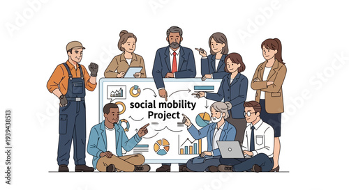 Diverse team collaborating on social mobility project with graphs