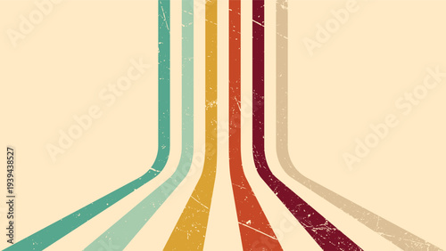 Vintage background featuring colorful vertical stripes with a distressed, scratched texture. Mid-century modern style in warm orange, blue, and gold.
