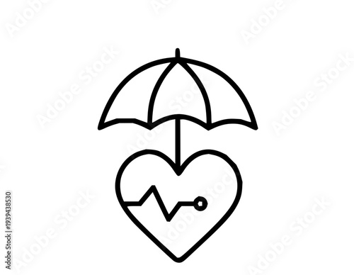 Conceptual illustration of a heart with a pulse line under an umbrella, symbolizing health insurance, medical care, and well-being protection