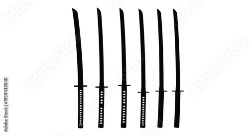 Six japanese katanas displayed vertically a striking black silhouette