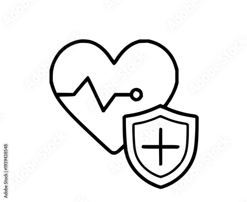 Heartbeat with a shield and cross, symbolizing health insurance and medical care protection, signifying a secure and healthy future