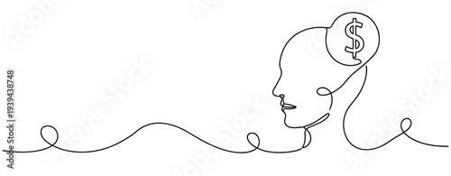 Line drawing of human silhouette with dollar symbol inside mind. No editable stroke