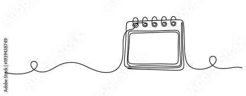 Continuous line drawing of spiral notebook on white background. No editable stroke