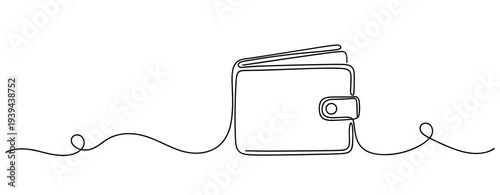 Continuous line drawing of a wallet with button clip against a white background. No editable stroke
