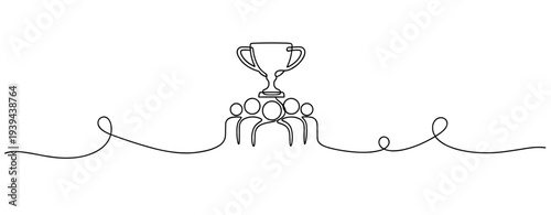 Continuous line drawing of diverse team holding trophy symbolizing success and achievement. No editable stroke