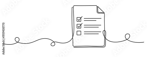 Minimalist line drawing of a checklist on abstract background. No editable stroke