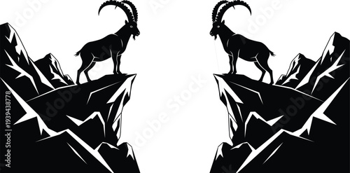 Mountain goat silhouette illustration, rocky cliff vector artwork, symmetrical wildlife design, dramatic goat drawing, stylized horned animal sketch, nature artwork