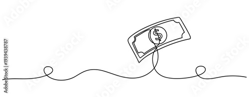Minimalist line drawing of dollar bill caught on hook. No editable stroke
