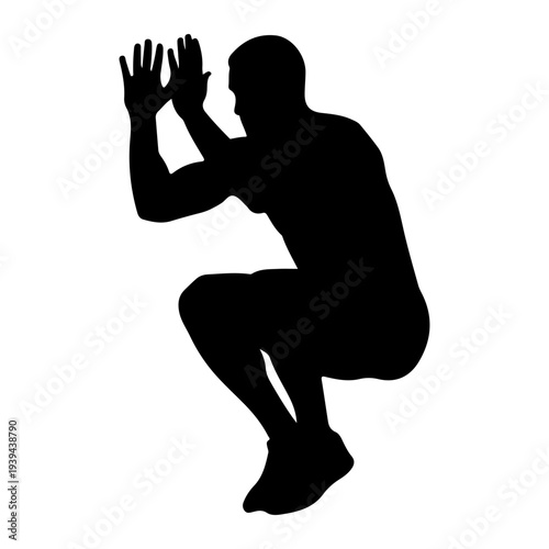 Man doing fitness exercise squat, silhouette vector illustration, flat design concept