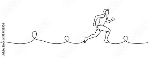 Continuous line art of running male figure on white background. No editable stroke