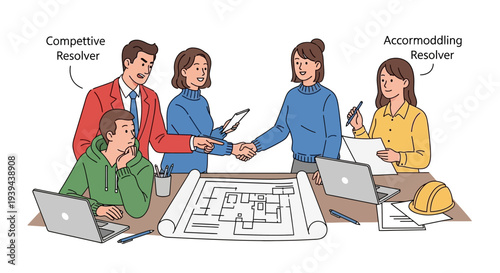 Team collaborating on construction project with conflict resolution