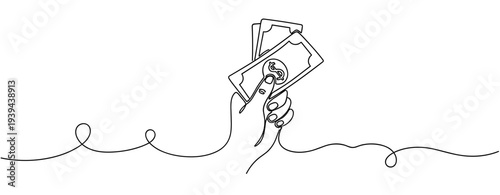 Hand holding dollar bills in continuous line drawing. No editable stroke