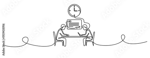 Continuous line drawing of two people discussing project at desk with clock overhead. No editable stroke