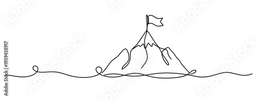 Minimalist mountain line art with flag on peak. No editable stroke