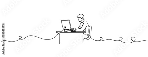 Minimalist line art of male working on computer at desk. No editable stroke