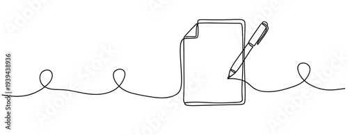Minimalist line art of pen and paper on white background. No editable stroke