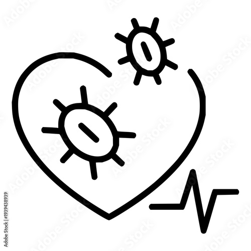 Abstract line art icon illustrating the concept of an infected heart, symbolizing cardiovascular disease, viral impact on cardiac health, or medical complications and risk
