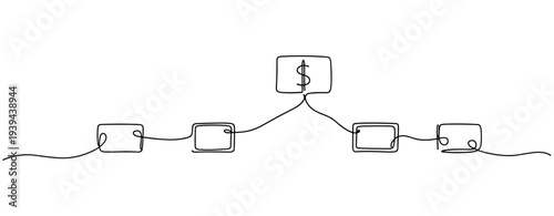Abstract minimalist blockchain network with dollar sign node. No editable stroke