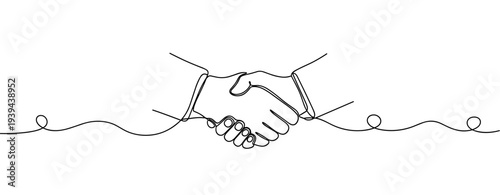 Continuous line drawing of a handshake symbolizing agreement and partnership. No editable stroke