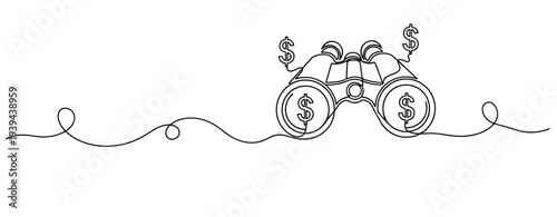 Continuous line drawing of binoculars with dollar symbols for financial outlook concept. No editable stroke