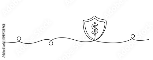 Minimalist continuous line drawing of money shield symbol for financial protection concepts. No editable stroke