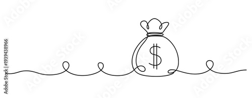 Continuous line drawing of money bag with crown and dollar symbol. No editable stroke