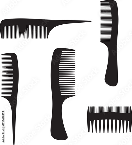 Combs graphic icons set. Different combs for hair black signs isolated on white background. Barbershop symbols. Vector illustration
