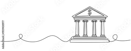 Continuous line drawing of bank building with dollar symbol. No editable stroke