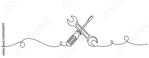 Continuous line art of crossed wrench and screwdriver. No editable stroke