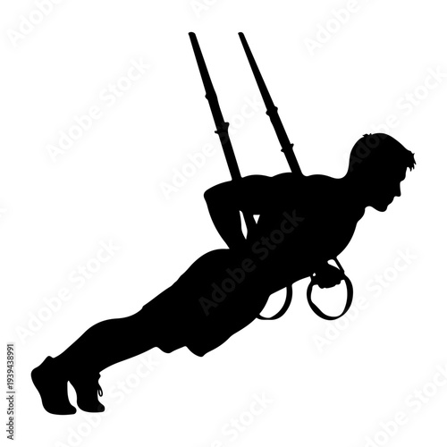 Man doing push-ups with suspension trainer, fitness workout, flat design vector illustration