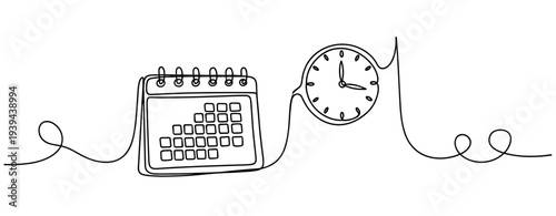 Minimalist continuous line art of clock and calendar representing time management. No editable stroke