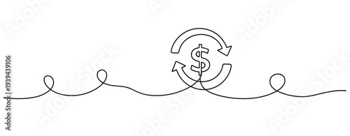 Simple continuous line drawing of dollar symbol with arrows indicating financial growth and recycling. No editable stroke