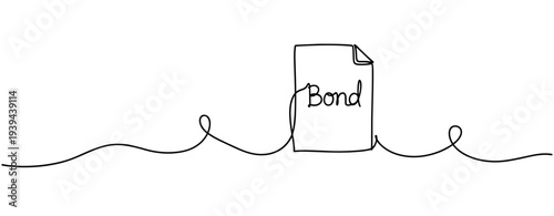Minimalist continuous line art of financial document labeled bond. No editable stroke