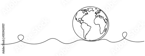 Continuous line drawing of earth globe: minimalist planet art with ocean waves. No editable stroke