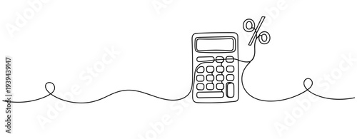 Continuous line drawing of calculator with percentage symbol for financial concepts. No editable stroke