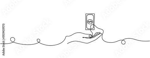 Minimalist line art of hand holding money with continuous line design. No editable stroke
