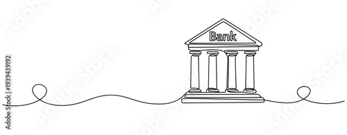 Minimalist line drawing of a classical bank building. No editable stroke