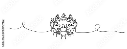 Business meeting sketch with diverse team sitting around a round table. No editable stroke
