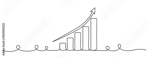 Continuous line drawing of upward trend bar graph with arrow indicating growth. No editable stroke