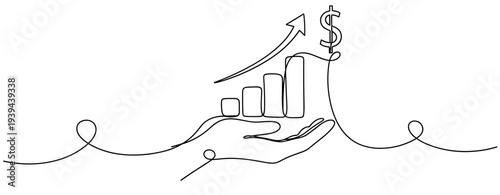 Minimalist continuous line drawing of growth in hand with dollar sign and arrow. No editable stroke